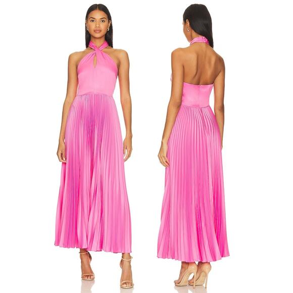 Amur Kaleb Midi Dress Halter Neck Satin Pleated Skirt Watermelon Sour Size 4